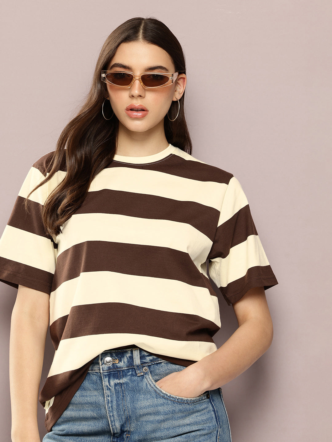 Womens Half Sleeve Round Neck All-Over Striped Oversized Fit Tshirts