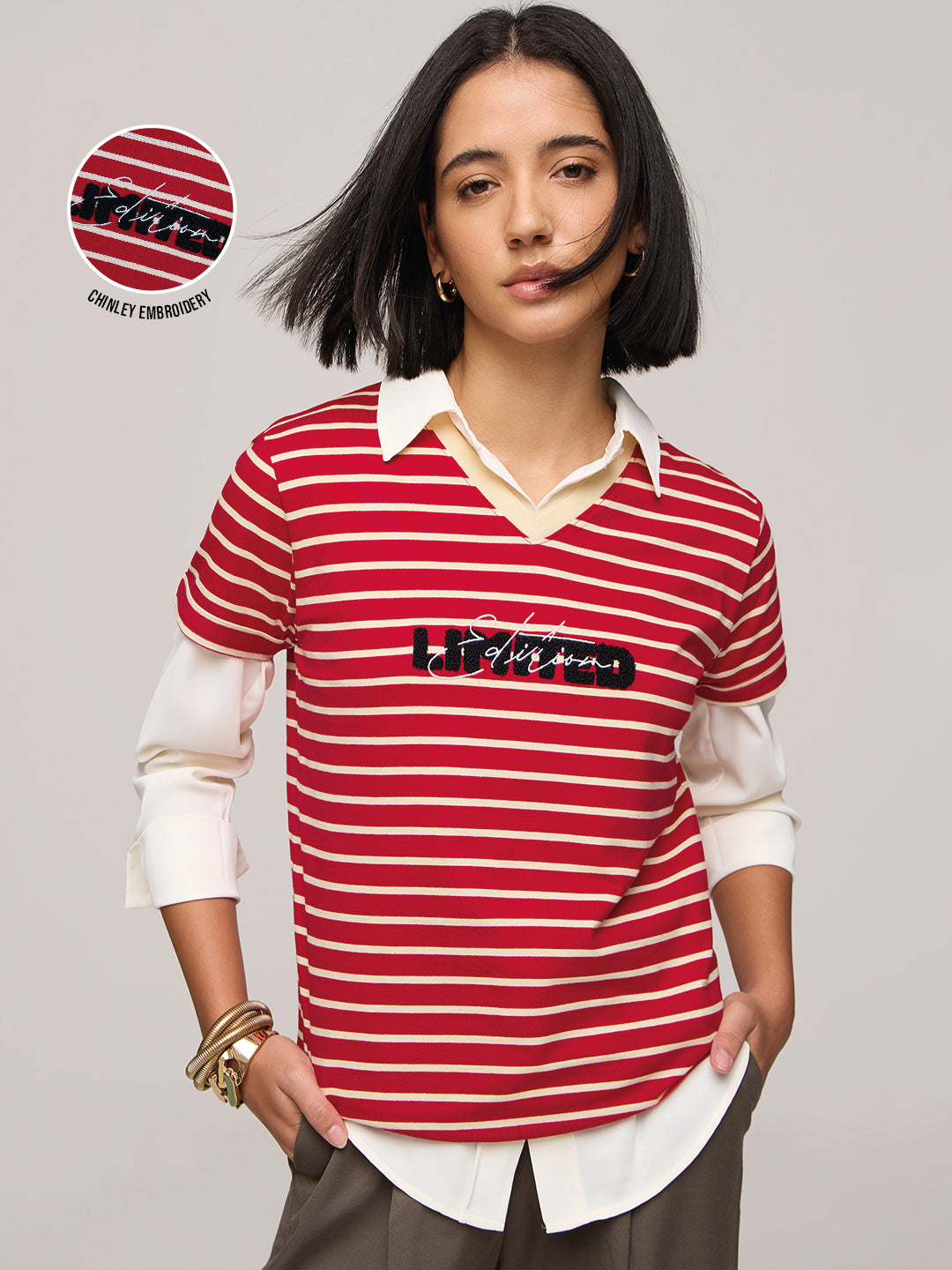 Womens Striped Regular Fit Cotton V-Neck T-Shirt