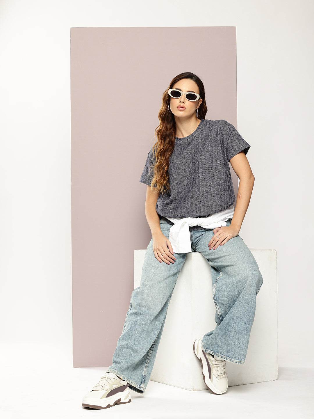 Womens Half Sleeve Round Neck All-Over Striped Boxy Fit Tshirts