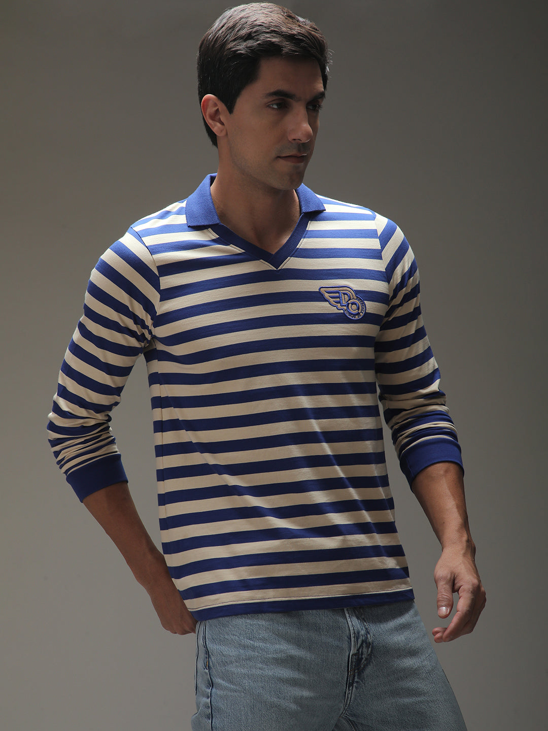 Mens Full Sleeve Polo Neck Striped Regular Fit Tshirts