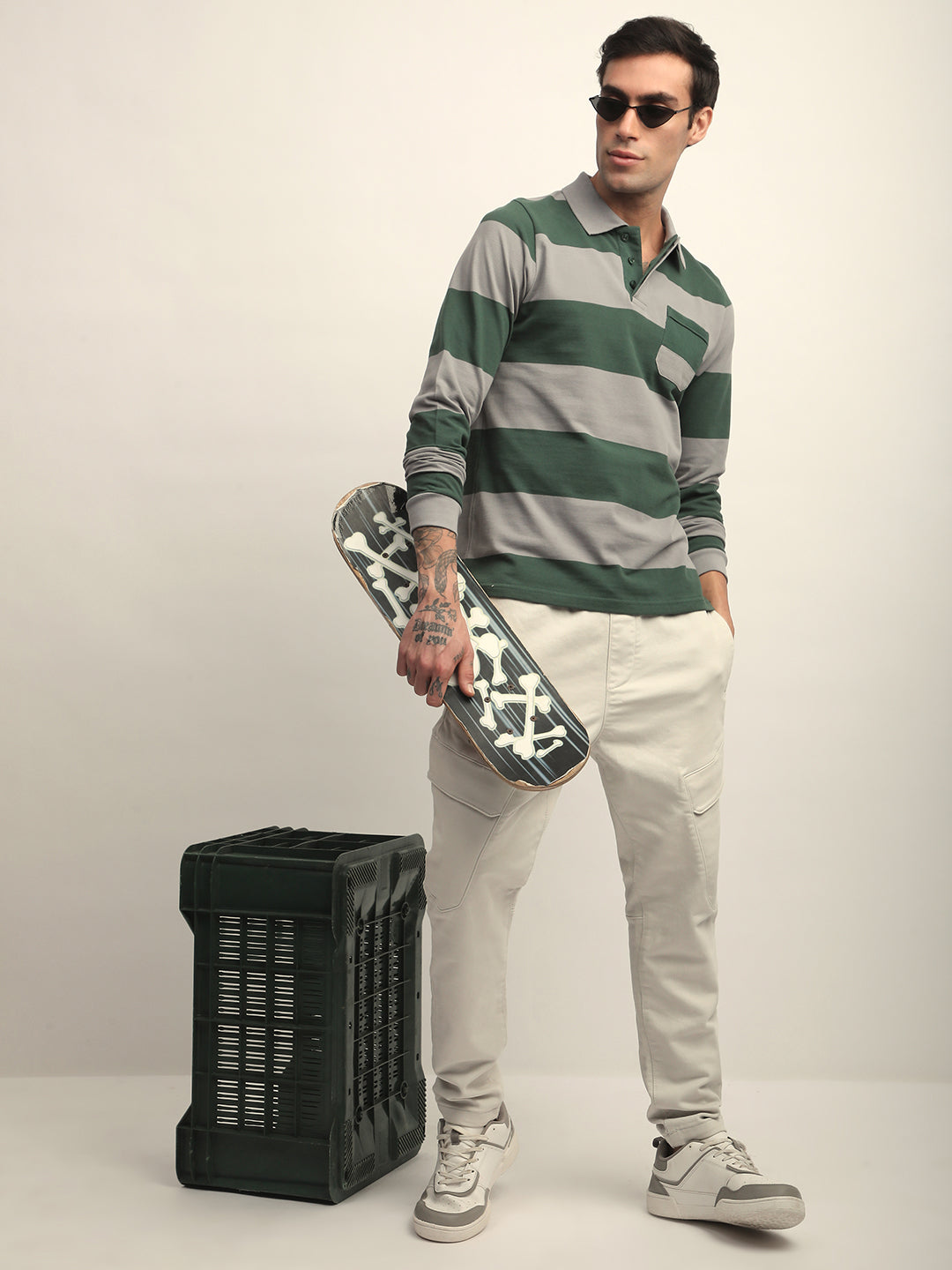 Mens Full Sleeve Polo Neck All-Over Striped Regular Fit Tshirts