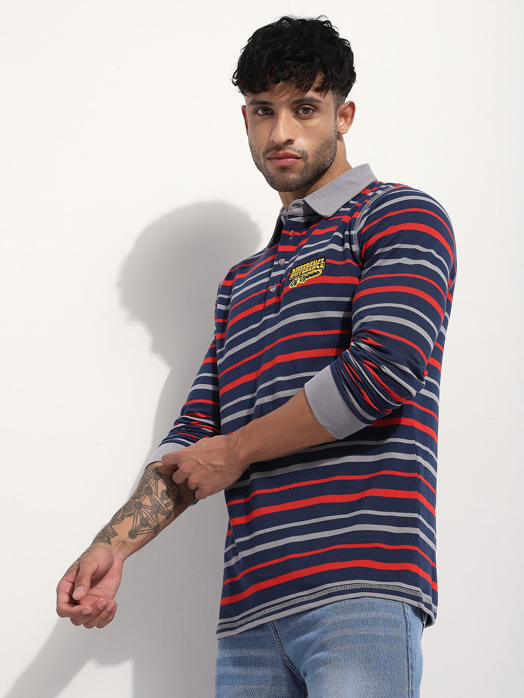 Mens Full Sleeve Polo Neck Embroidered Regular Fit Tshirts