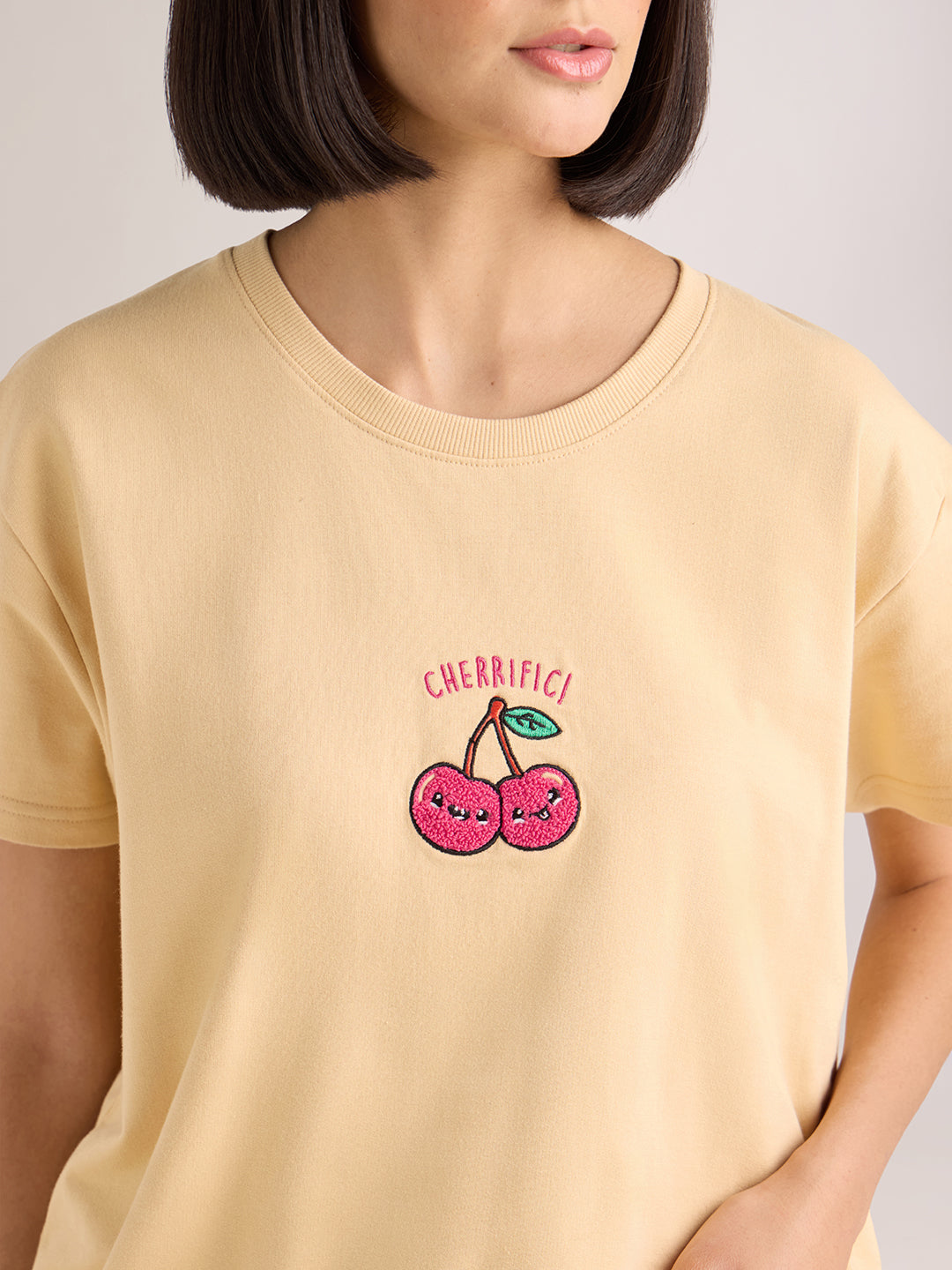Womens Embroidery Boxy Regular Fit French Terry Cotton Tshirt
