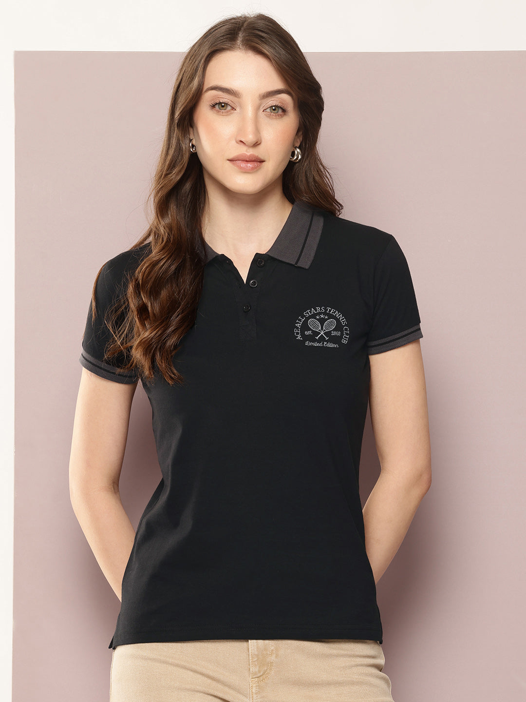 Womens Half Sleeve Polo Neck Embroidered Regular Fit Tshirts