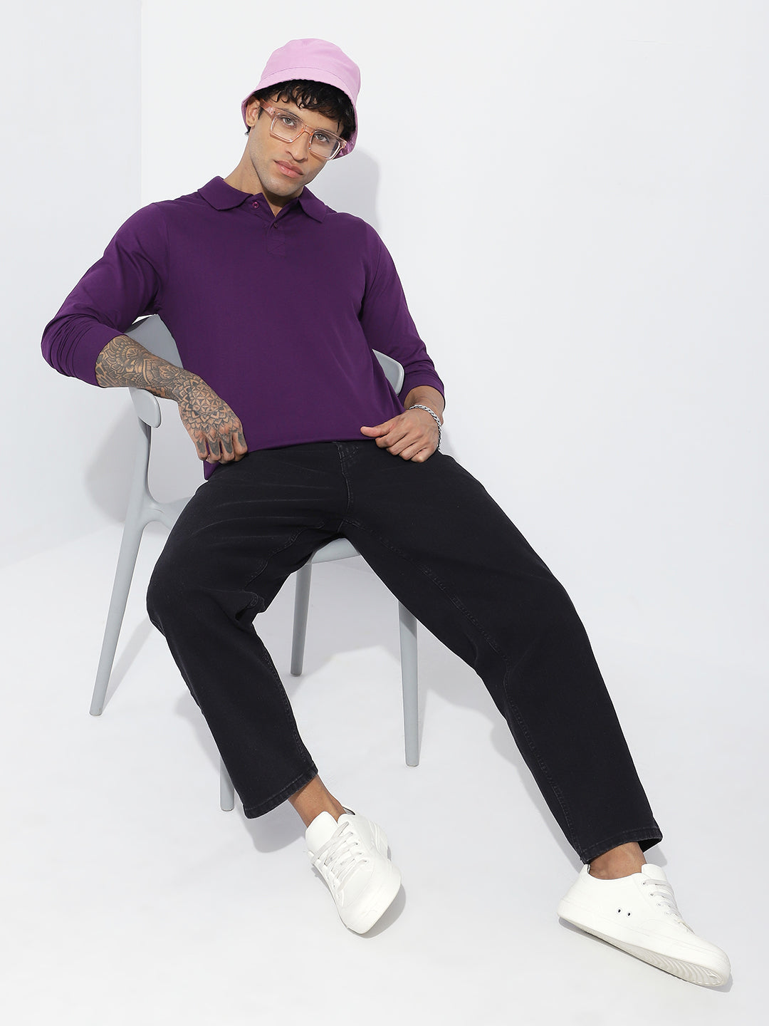 Mens Full Sleeve Polo Neck Solid Regular Fit Tshirts