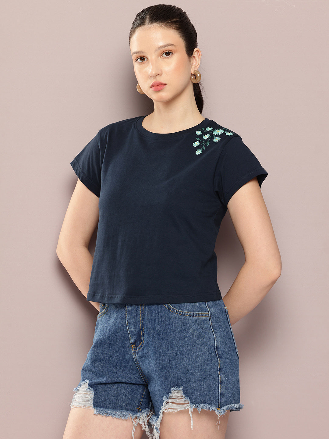 Womens Half Sleeve Round Neck Embroidery Regular Fit Tshirts