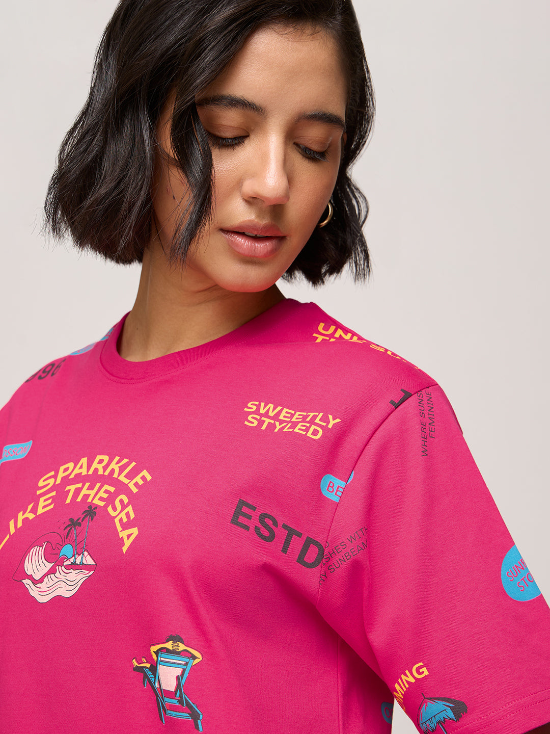 Womens Printed Oversized Fit Cotton T-Shirt