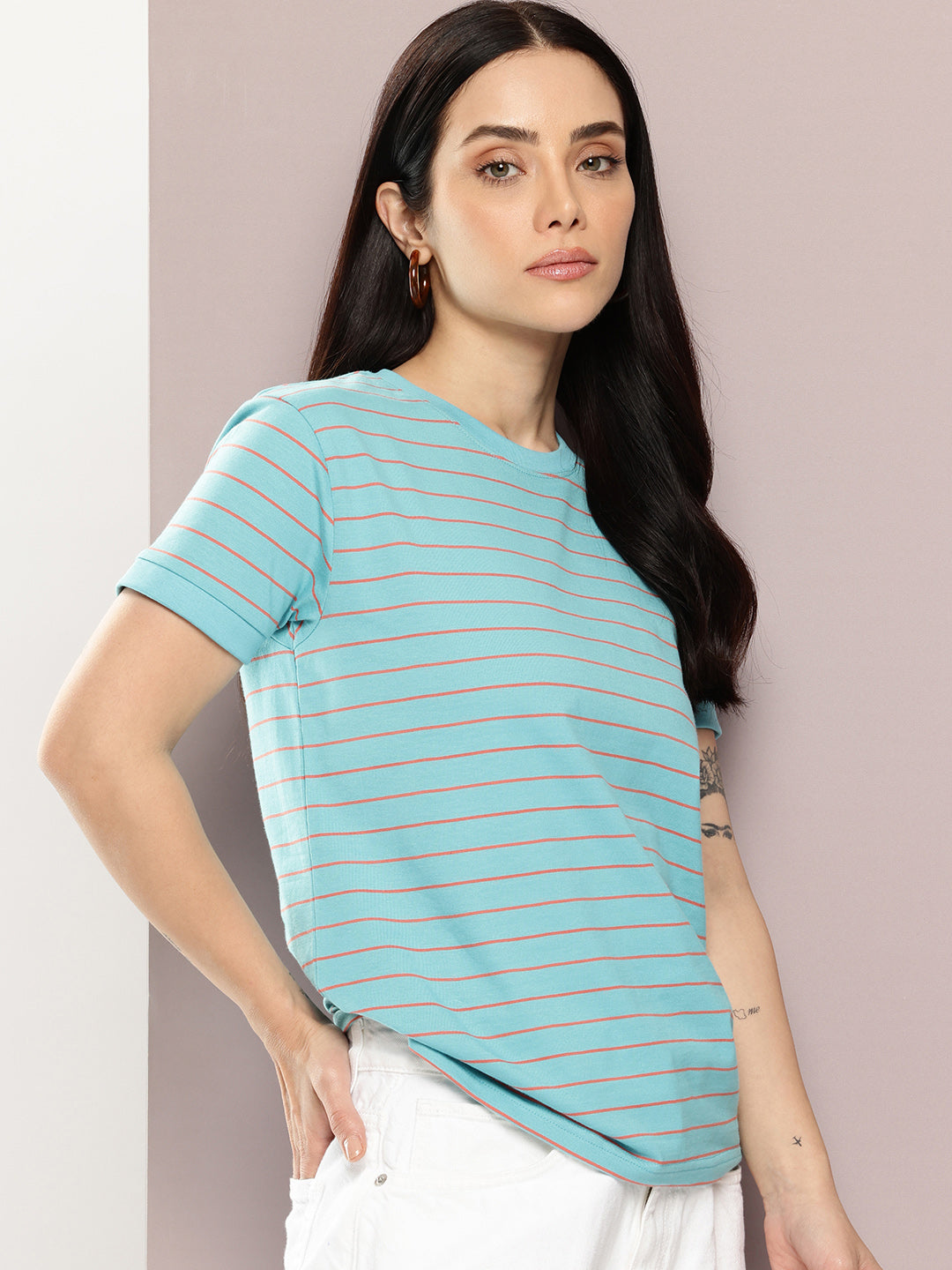 Womens Half Sleeve Round Neck All-Over Striped Regular Fit Tshirts