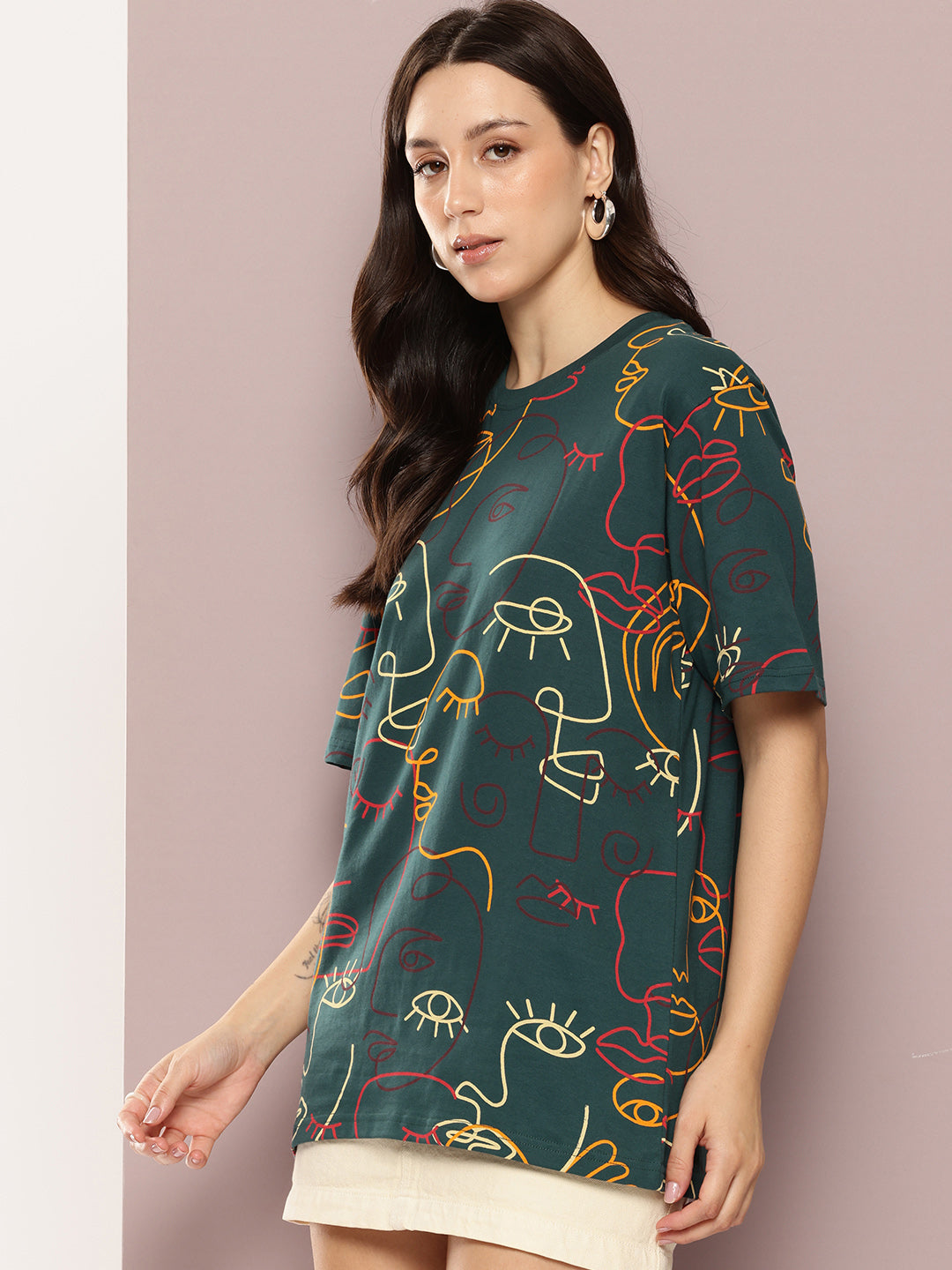 Womens Half Sleeve Round Neck All-Over Printed Oversized Fit Tshirts