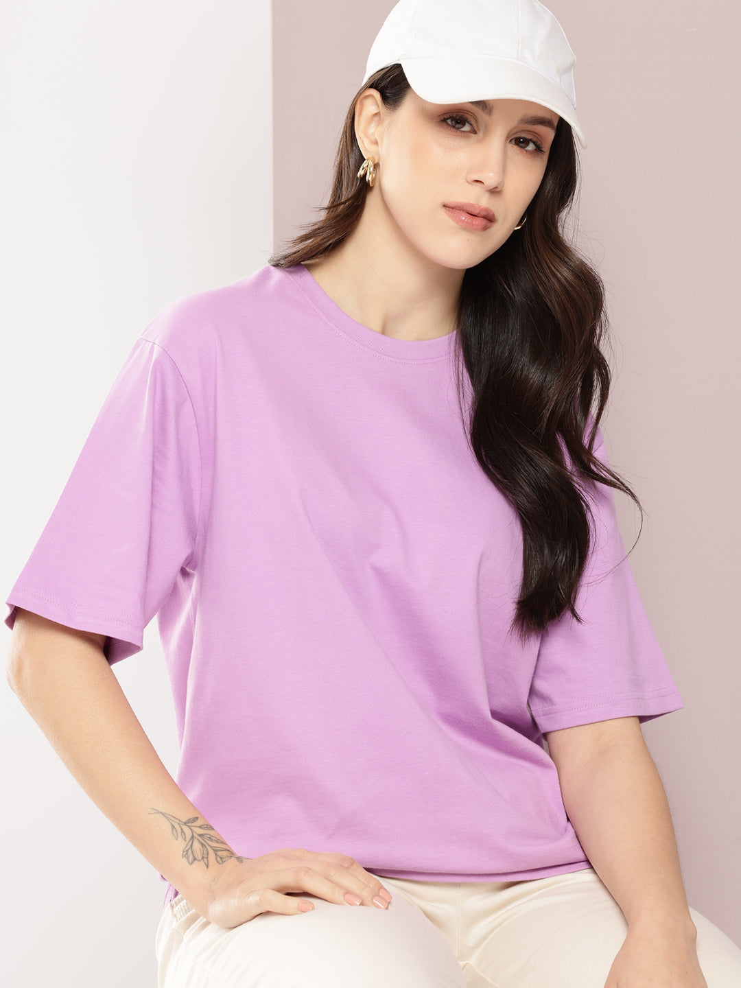 Womens Half Sleeve Round Neck Solid Oversized Fit Tshirts