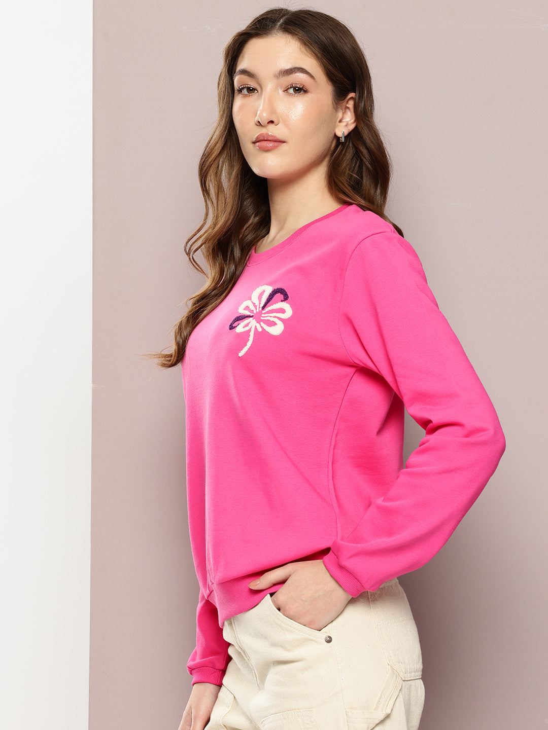 Womens Full Sleeve Round Neck Embroidered Relaxed Fit Tshirts