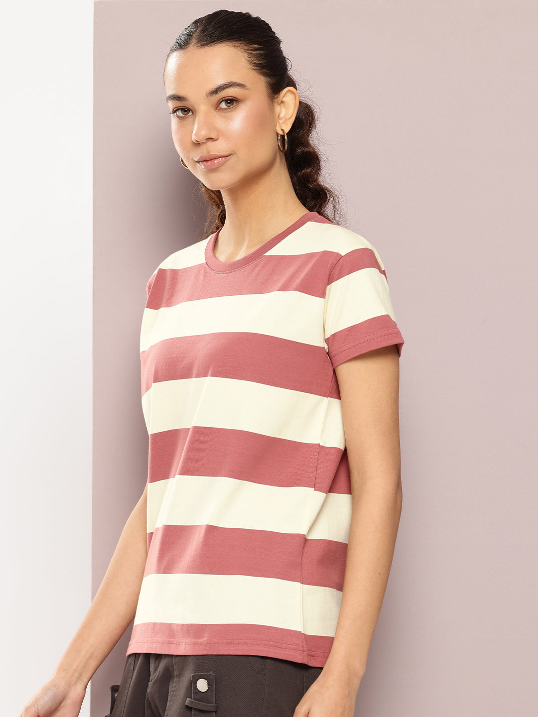 Womens Half Sleeve Round Neck Striped Regular Fit Tshirts