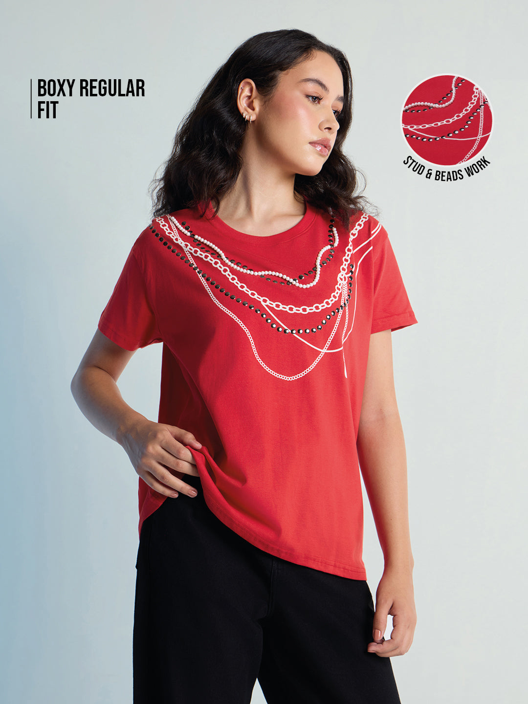 Womens Stud Detailed Boxy Regular Round Neck Tshirt 