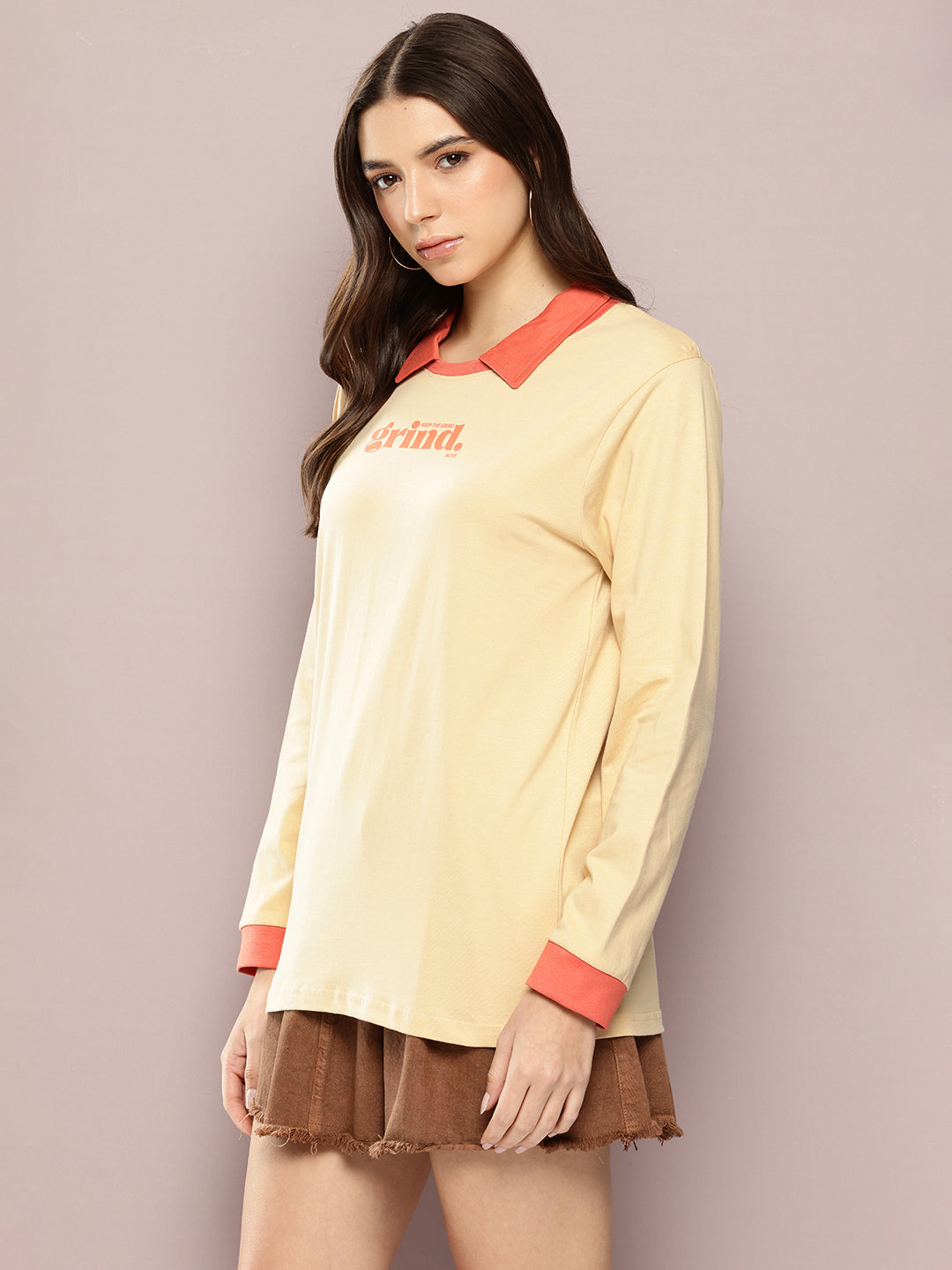 Womens Full Sleeve Polo Neck Printed Oversized Fit Tshirts