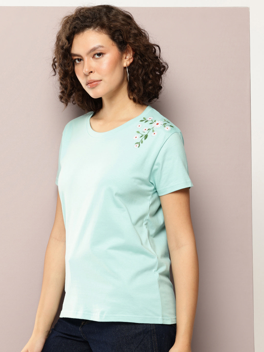 Womens Half Sleeve Round Neck Embroidery Boxy Fit Tshirts