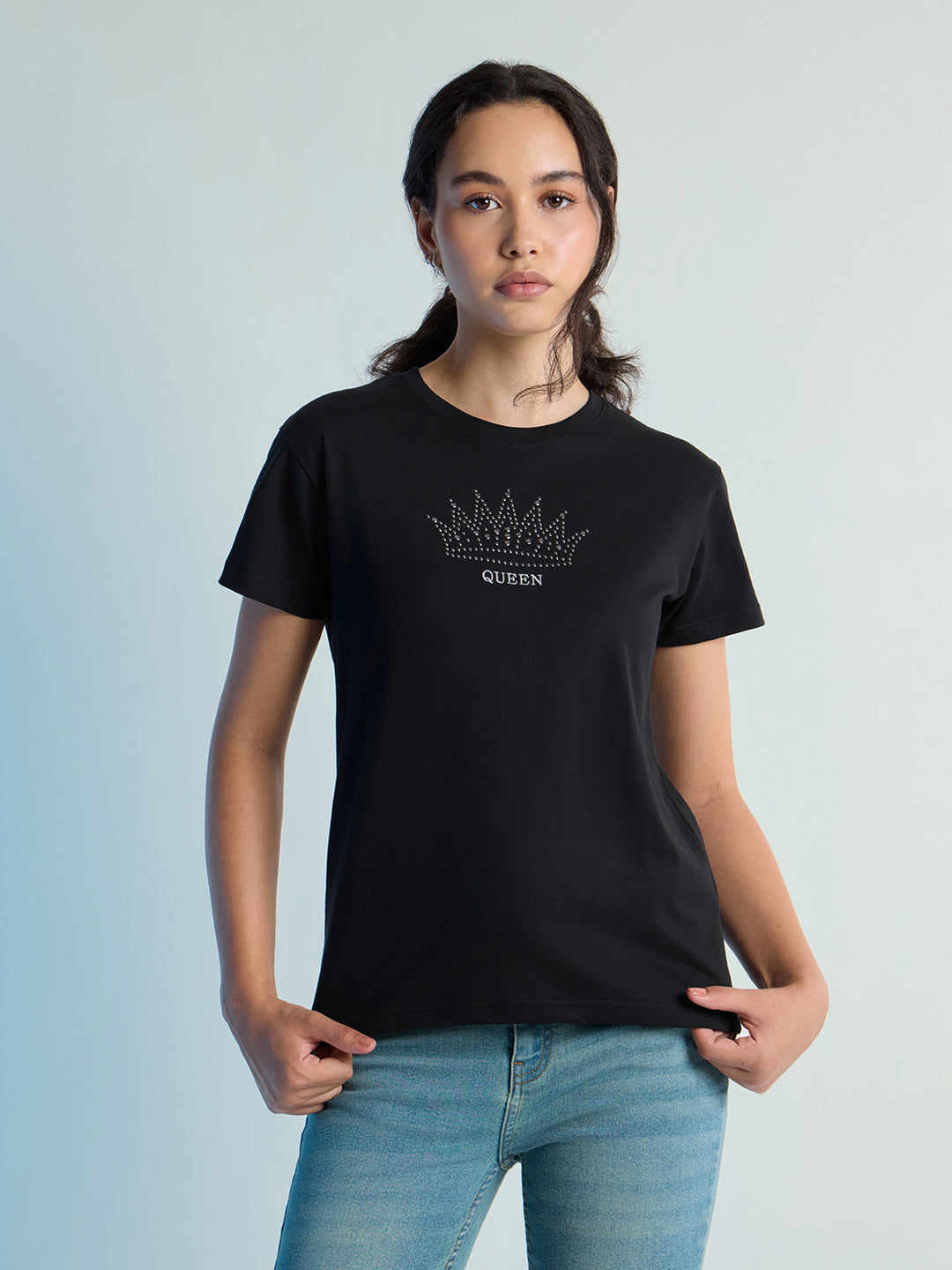 Womens Stud Detailed Regular Fit Round Neck Tshirt 