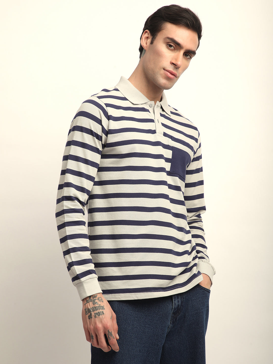 Mens Full Sleeve Polo Neck All-Over Striped Regular Fit Tshirts