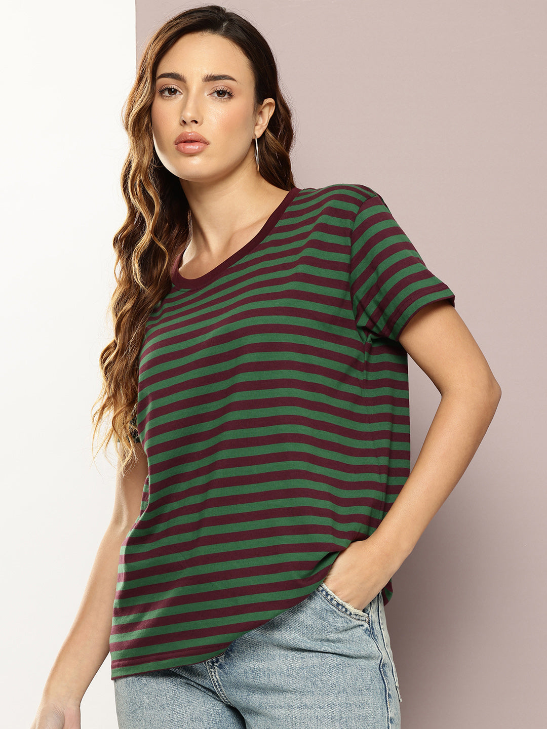 Womens Half Sleeve Round Neck All-Over Striped Boxy Fit Tshirts