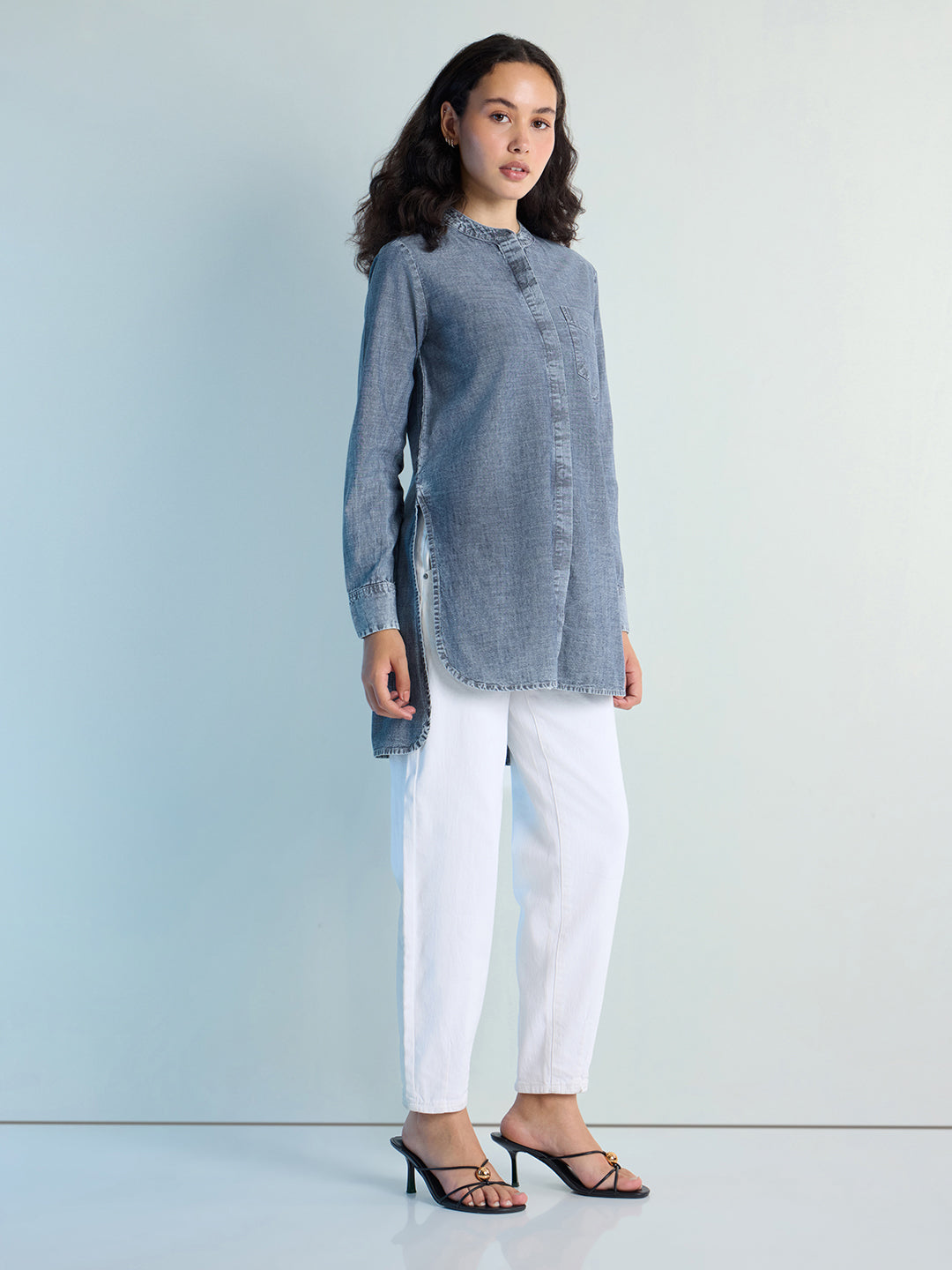 Womens Solid Oxy Bleached Boxy Regular Mandarin Collar Neck Denim Shirt