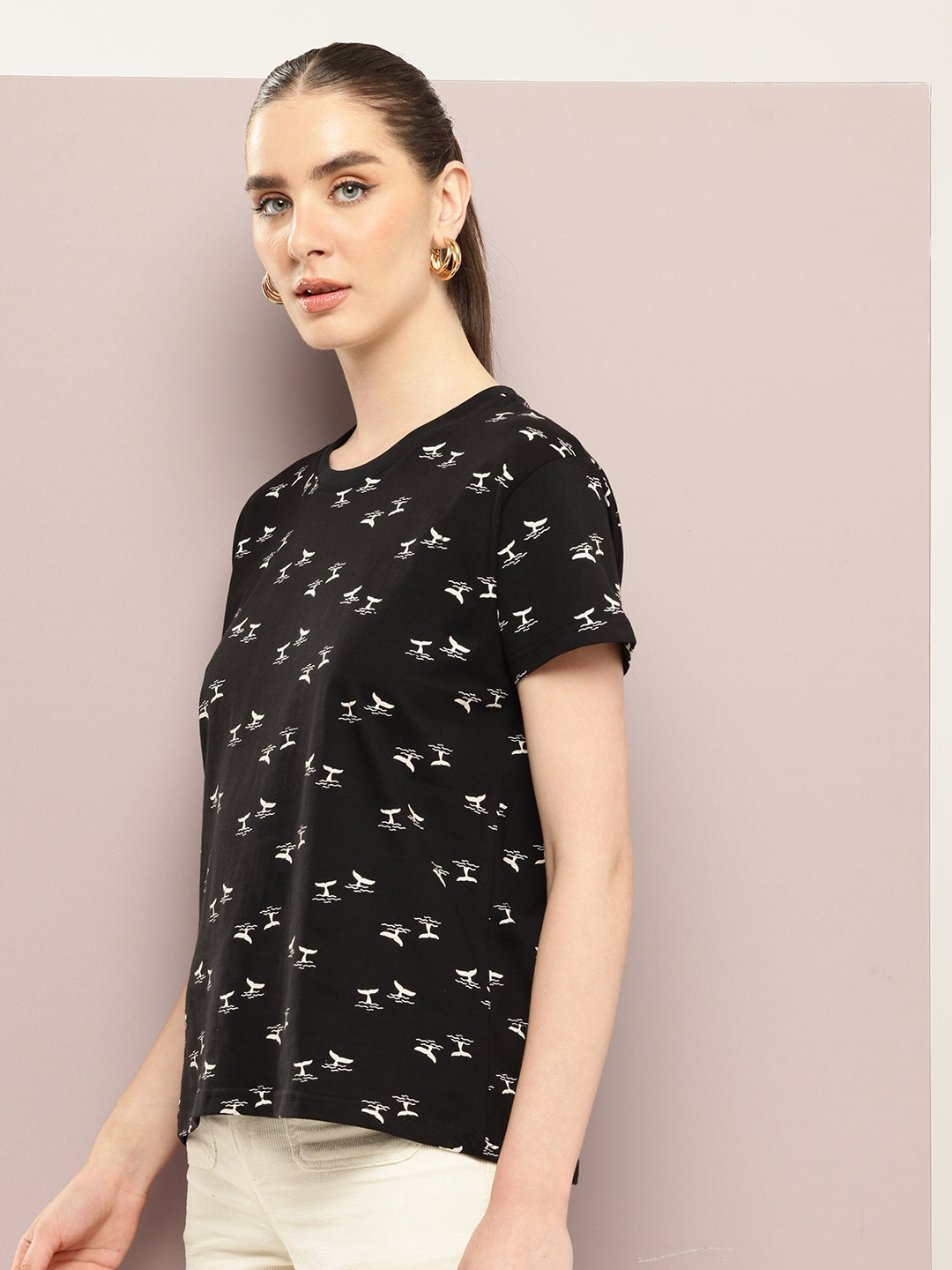 Womens Half Sleeve Round Neck All-Over Printed Boxy Fit Tshirts