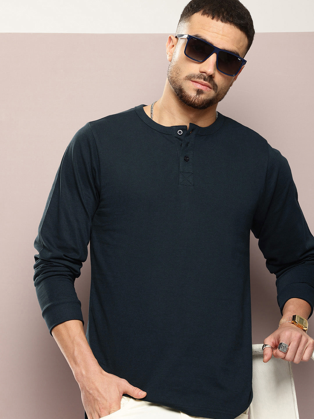 Mens Full Sleeve Henley Neck Solid Regular Fit Tshirts