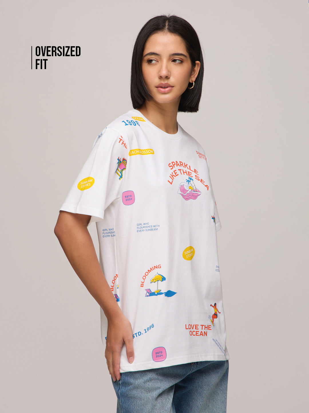 Womens Printed Oversized Fit Cotton T-Shirt