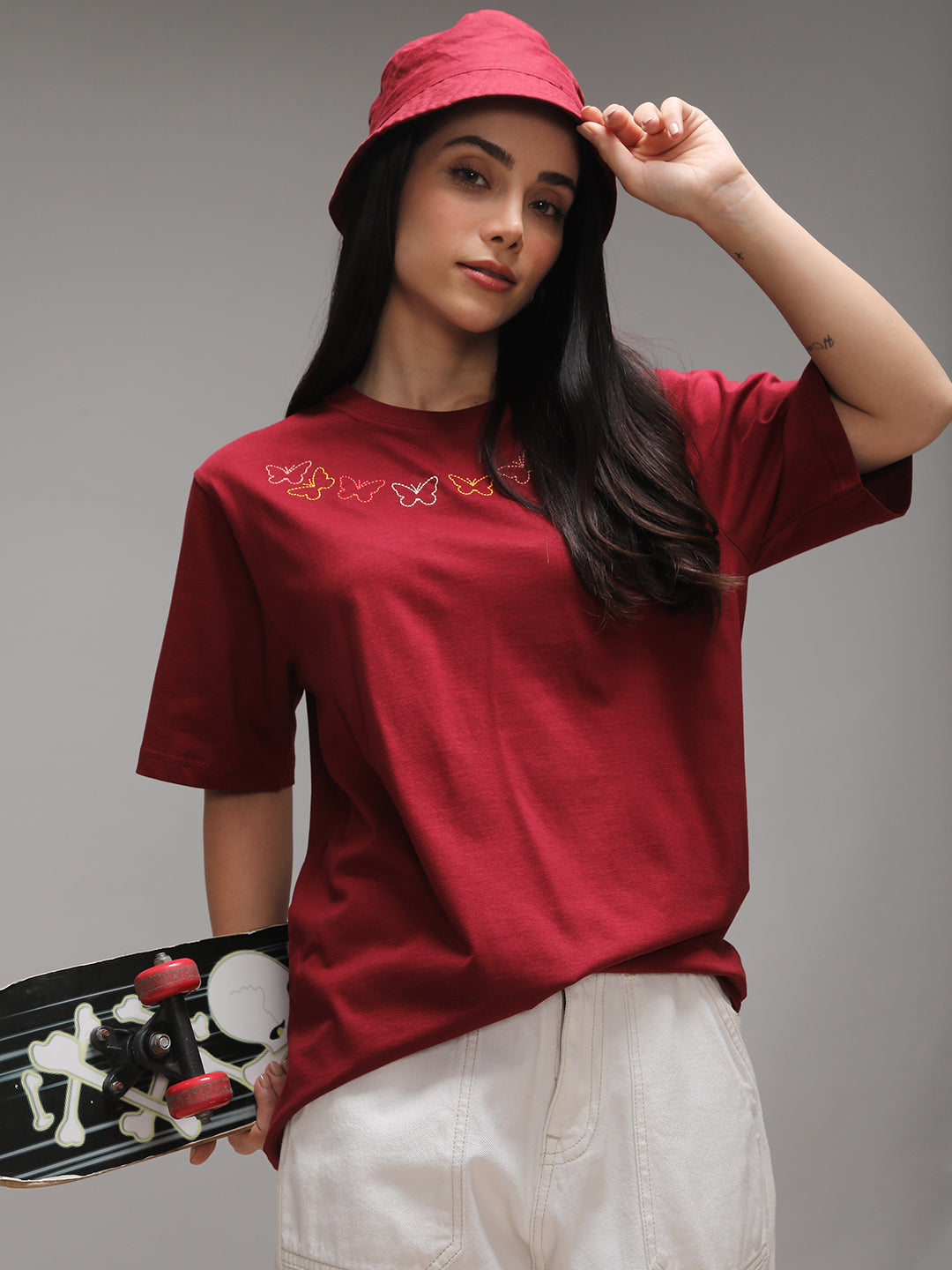 Womens Half Sleeve Round Neck Embroidery Oversized Fit Tshirts