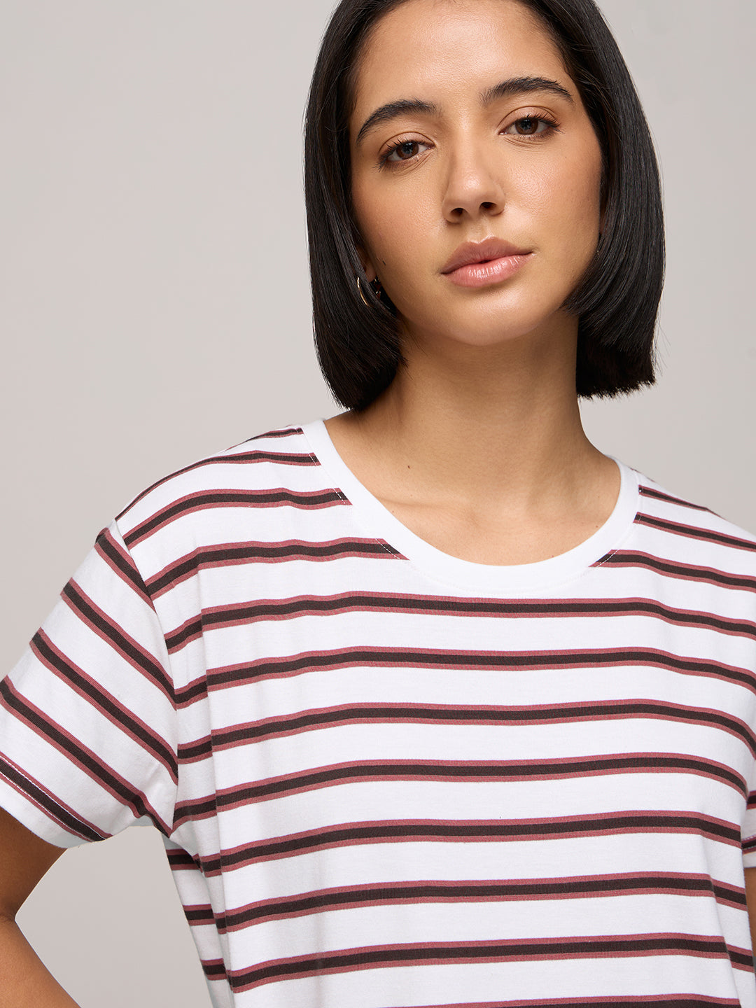 Womens Striped Boxy Regular Fit Cotton T-Shirt
