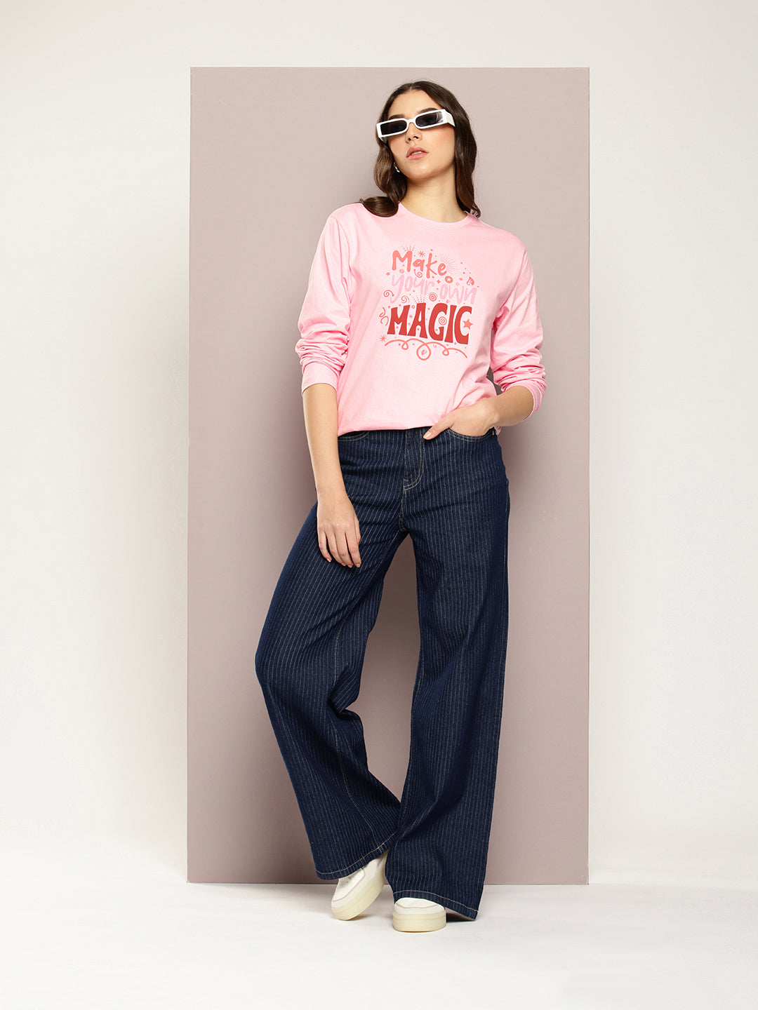 Womens Full Sleeve Round Neck Printed Oversized Fit Tshirts