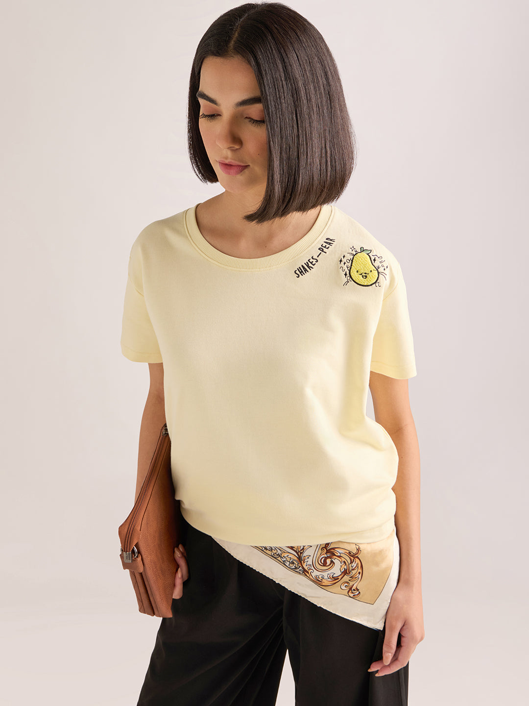 Womens Embroidery Boxy Regular Fit French Terry Cotton Tshirt