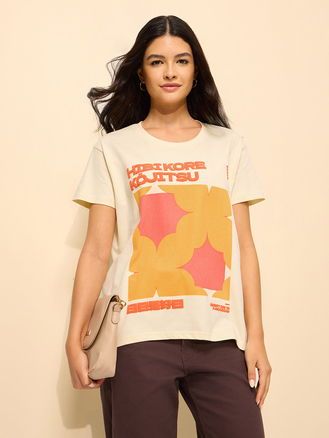 Womens Printed Boxy Regular Fit Cotton T-Shirt