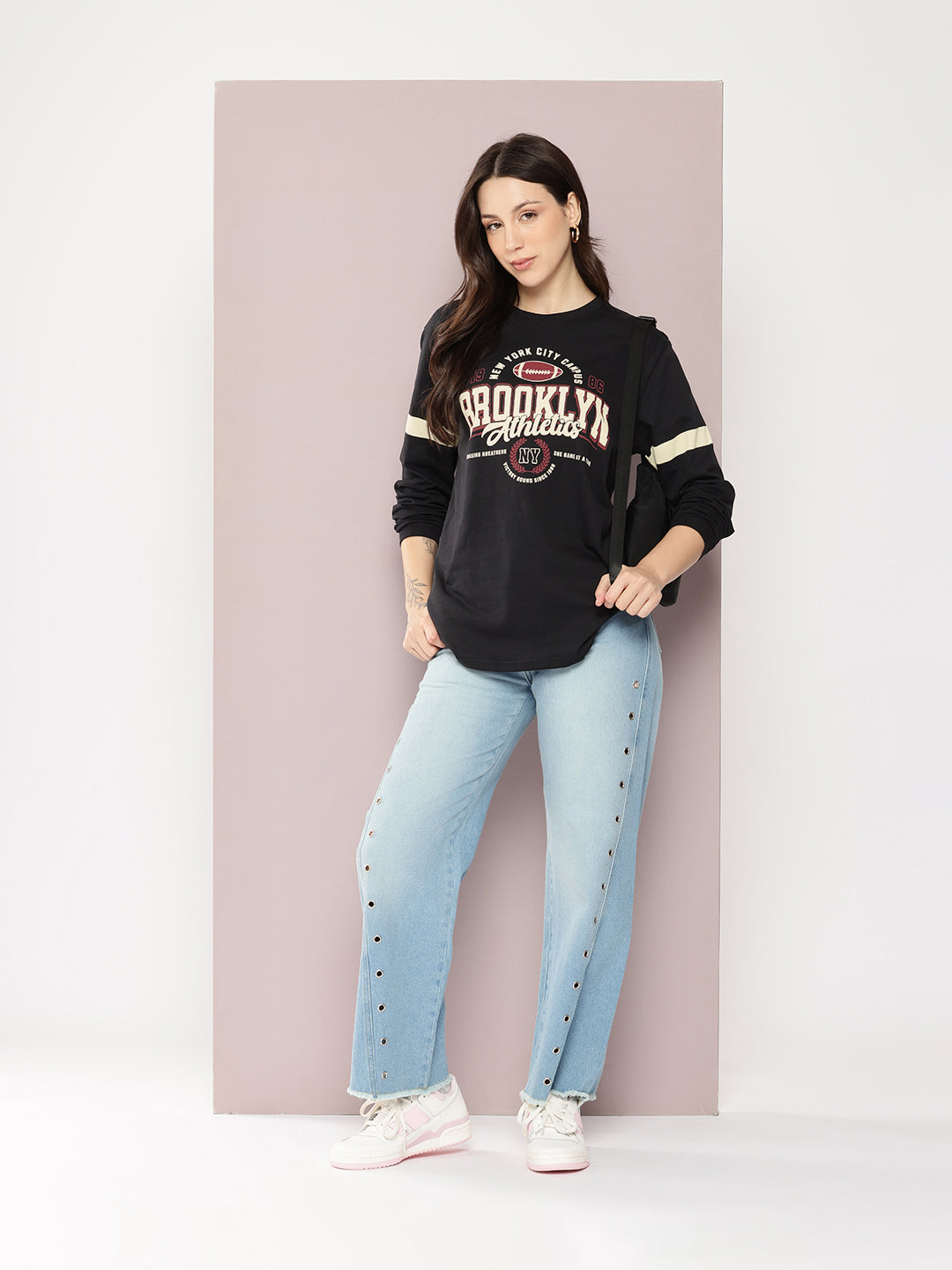 Womens Full Sleeve Round Neck Printed Oversized Fit Tshirts