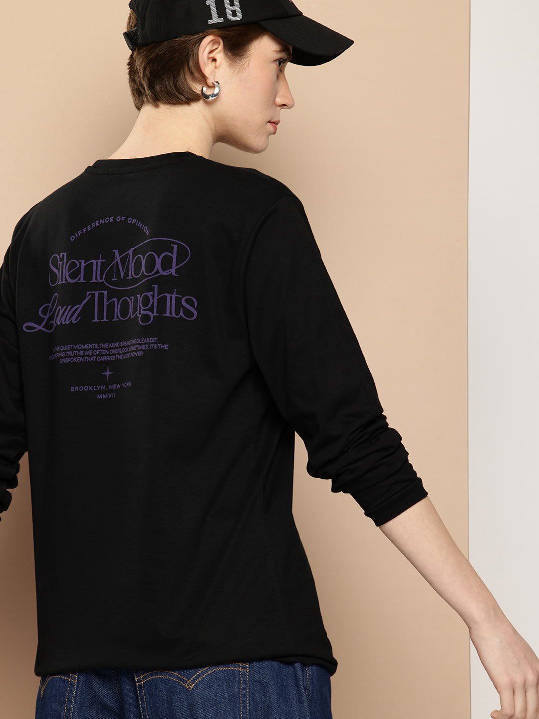 Womens Full Sleeve Round Neck Back Printed Oversized Fit Tshirts