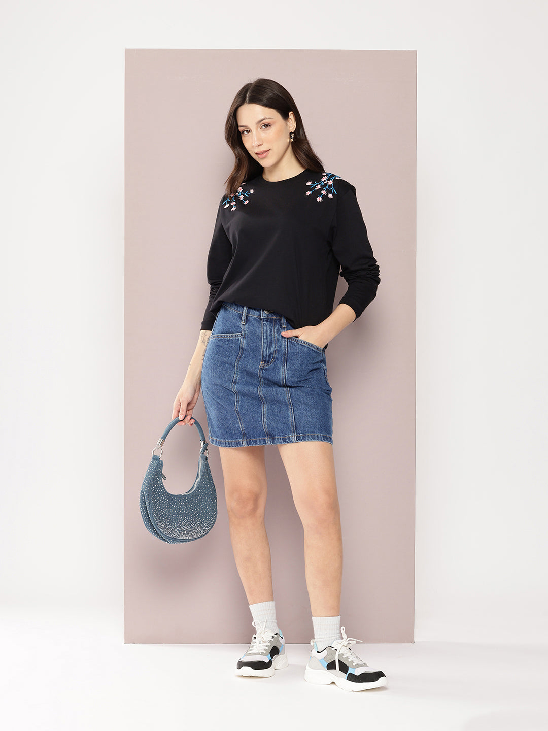 Womens Full Sleeve Round Neck Embroidered Oversized Fit Tshirts