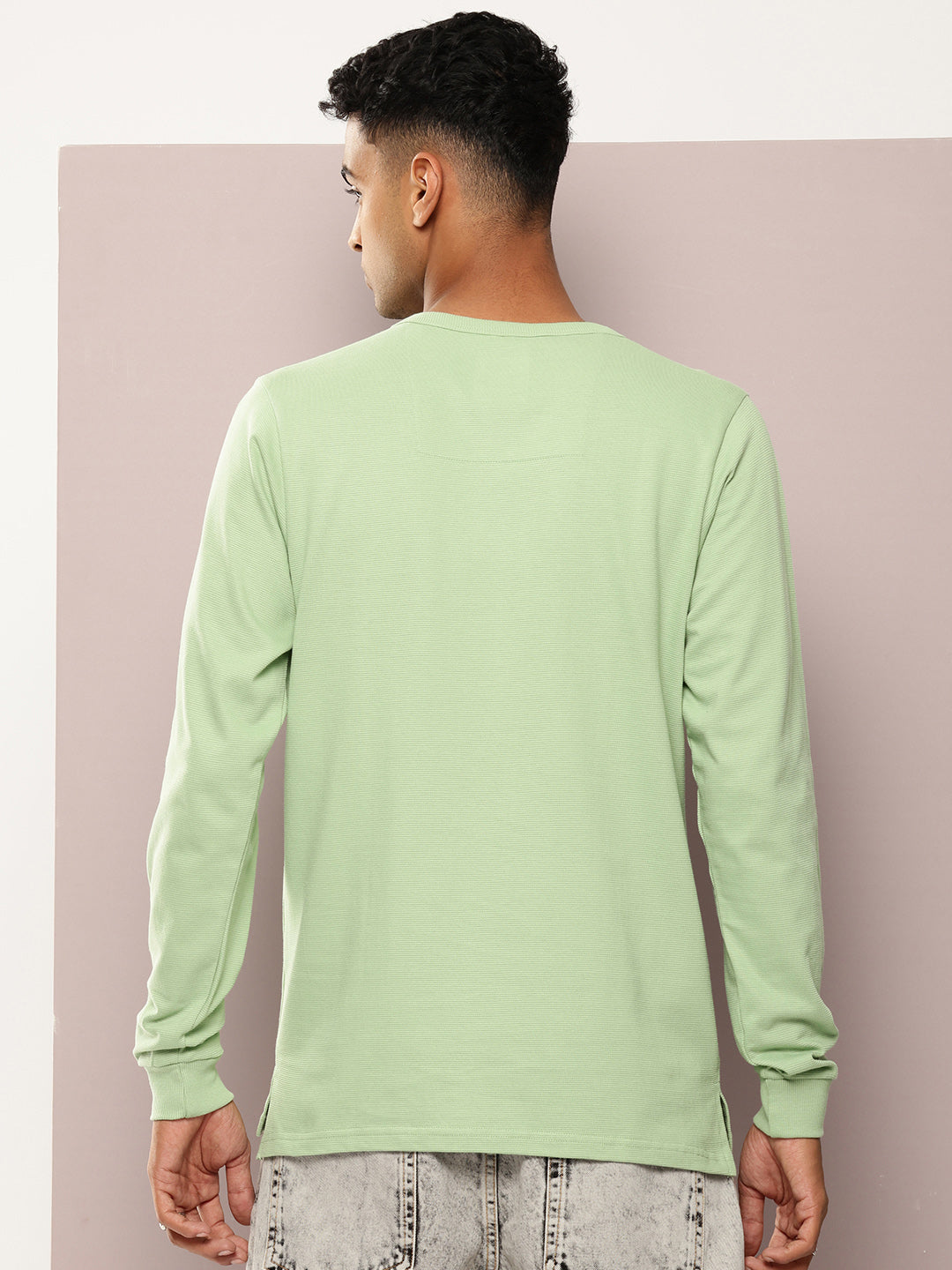 Mens Full Sleeve Henley Neck Solid Regular Fit Tshirts