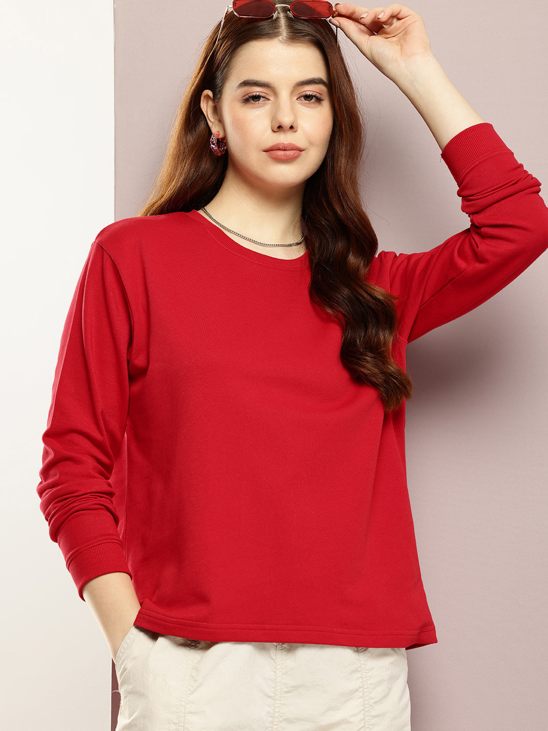 Womens Full Sleeve Round Neck Solid Boxy Fit Tshirts
