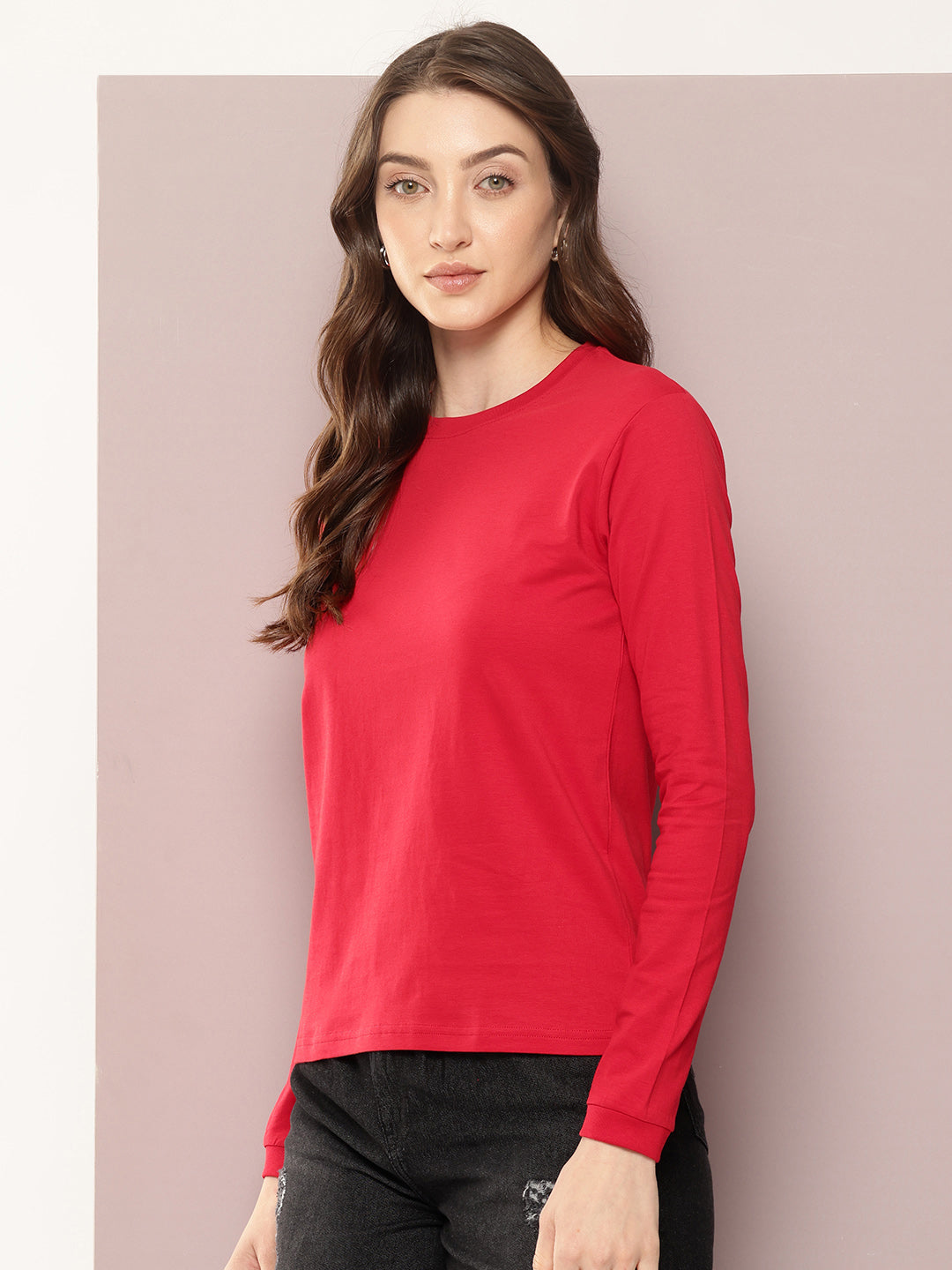 Womens Full Sleeve Round Neck Solid Regular Fit Tshirts