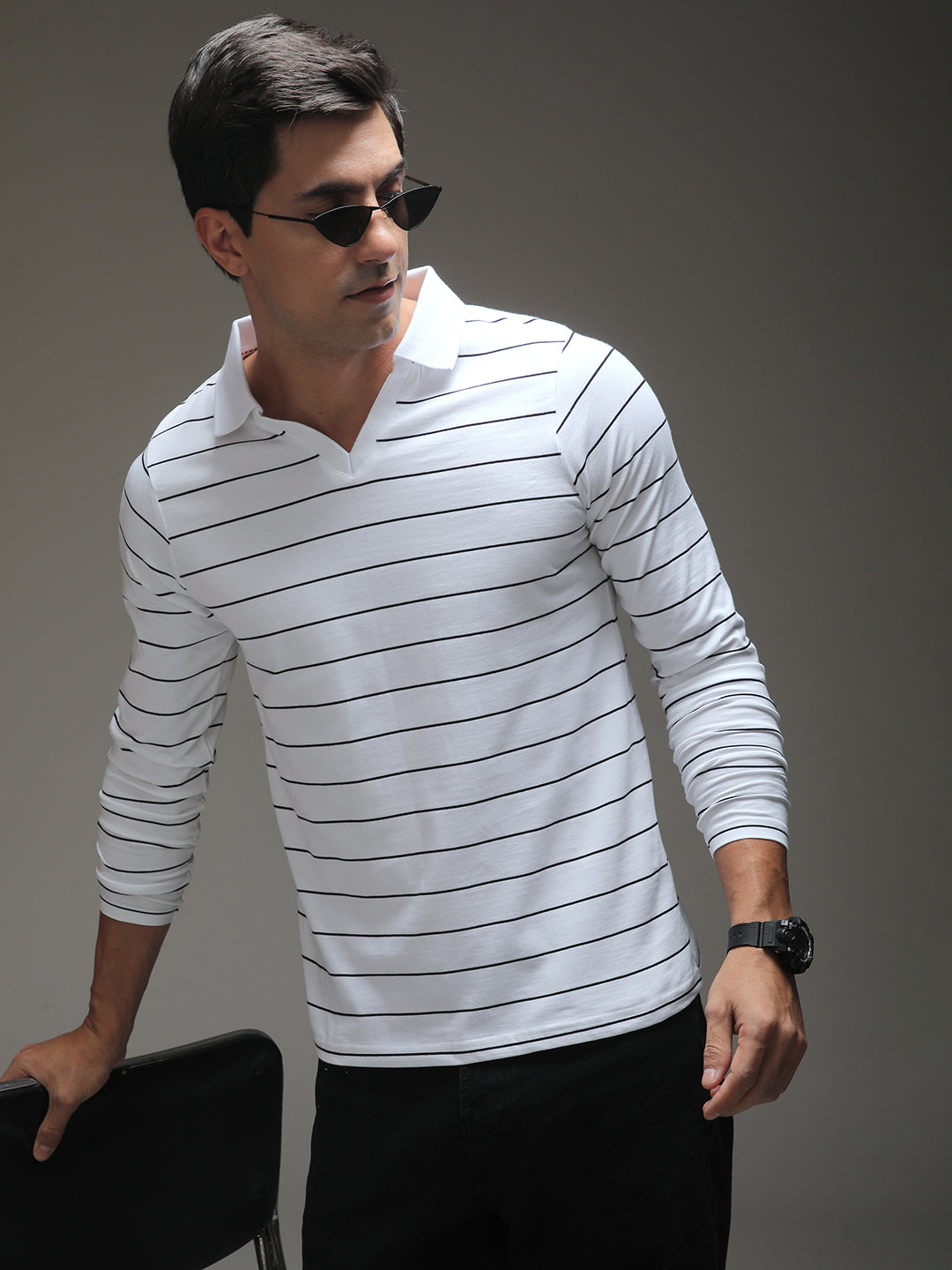 Mens Full Sleeve Polo Neck Striped Regular Fit Tshirts