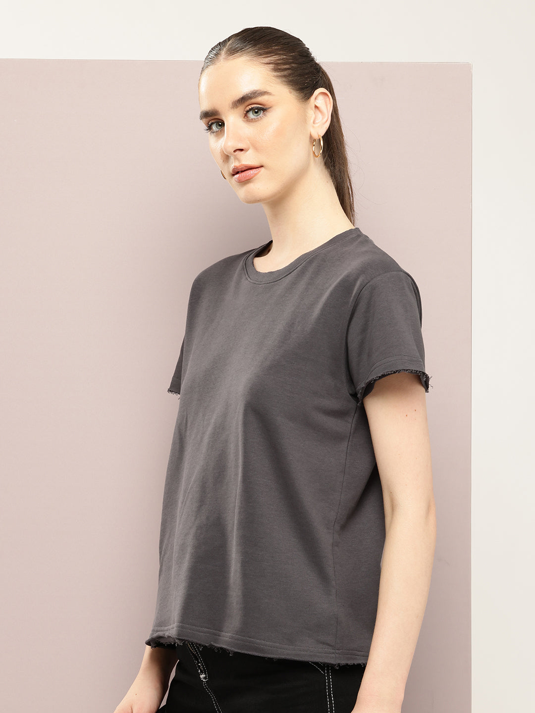 Womens Half Sleeve Round Neck Solid Boxy Fit Tshirts
