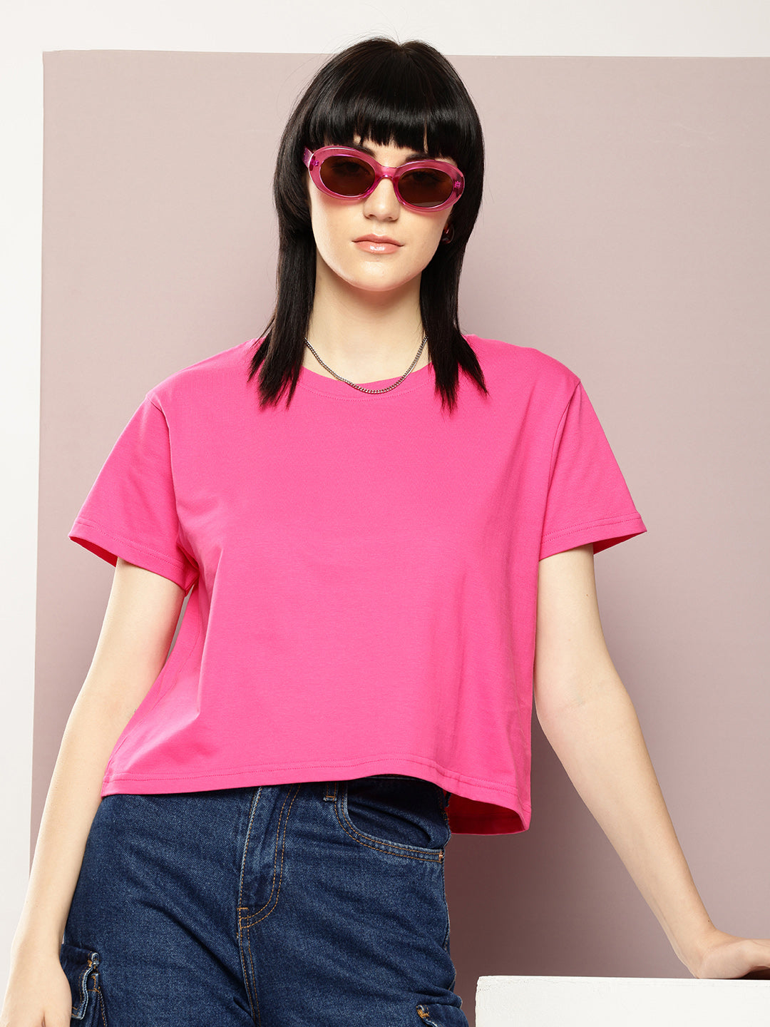 Womens Half Sleeve Round Neck Solid Boxy Fit Tshirts