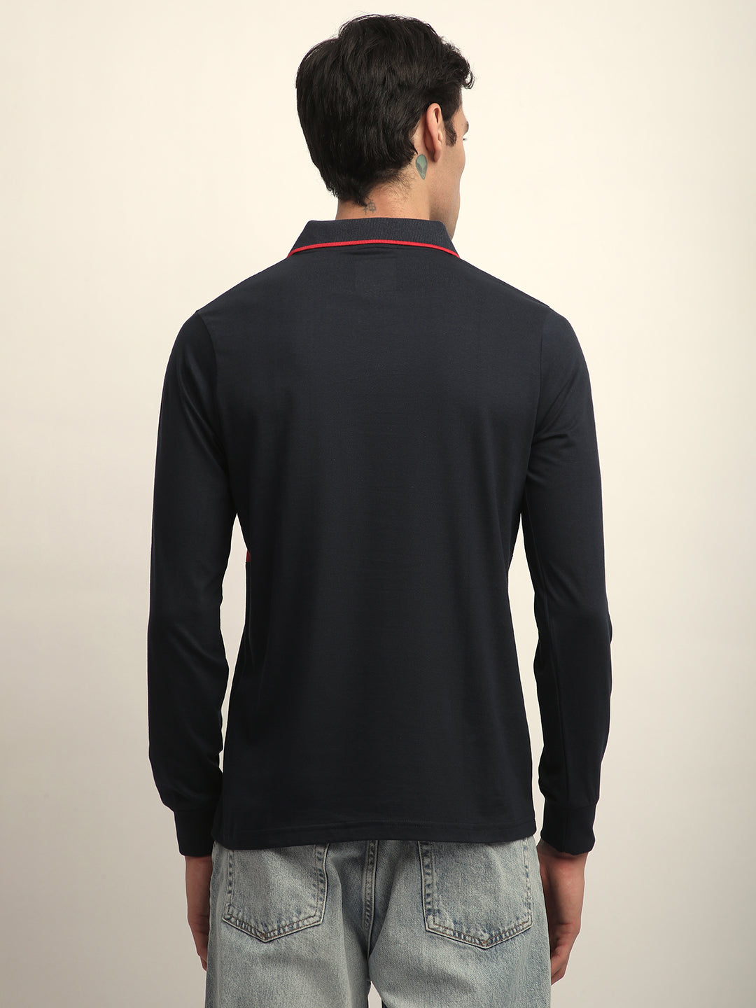 Mens Full Sleeve Polo Neck Self Design Regular Fit Tshirts