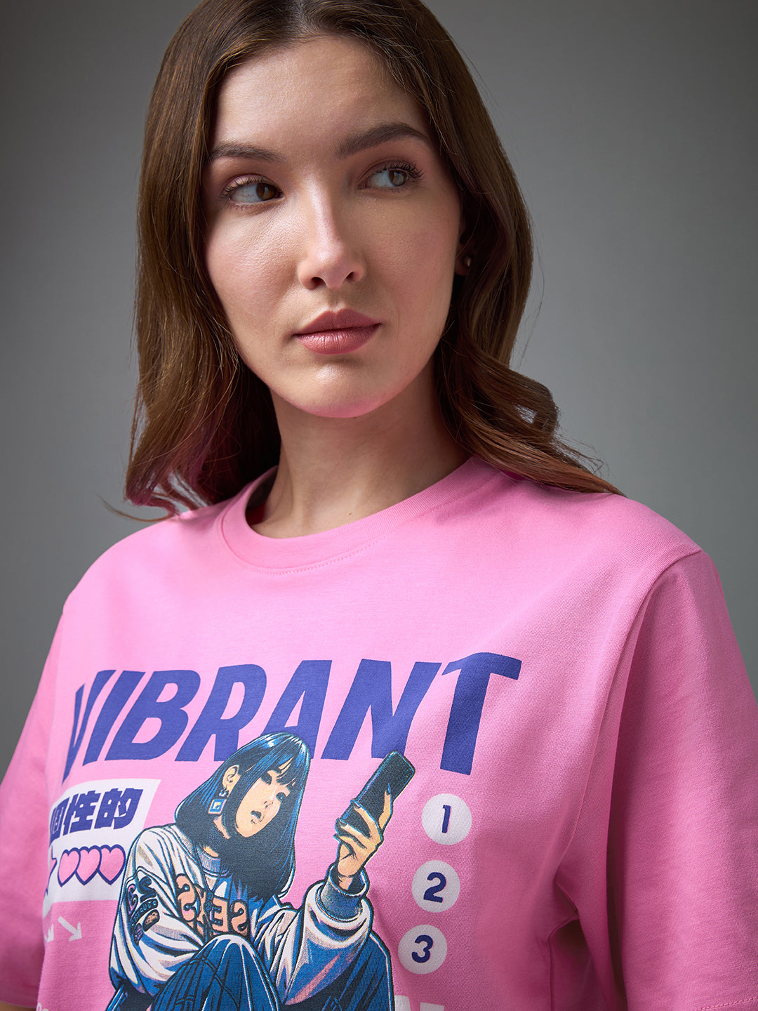 Womens Printed Round Neck Oversized Fit Tshirt