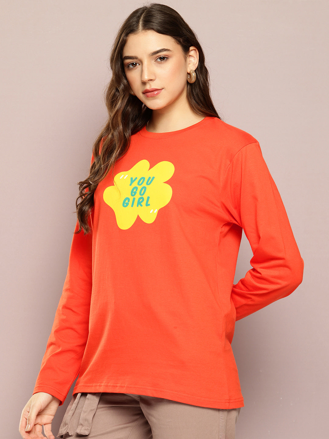 Womens Full Sleeve Round Neck Printed Oversized Fit Tshirts