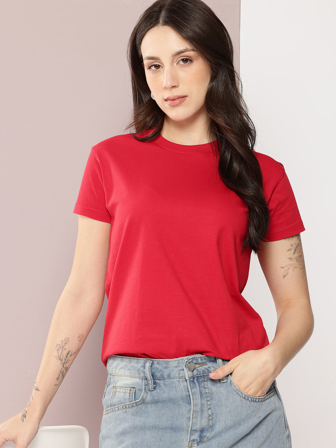 Womens Half Sleeve Round Neck Solid Regular Fit Tshirts