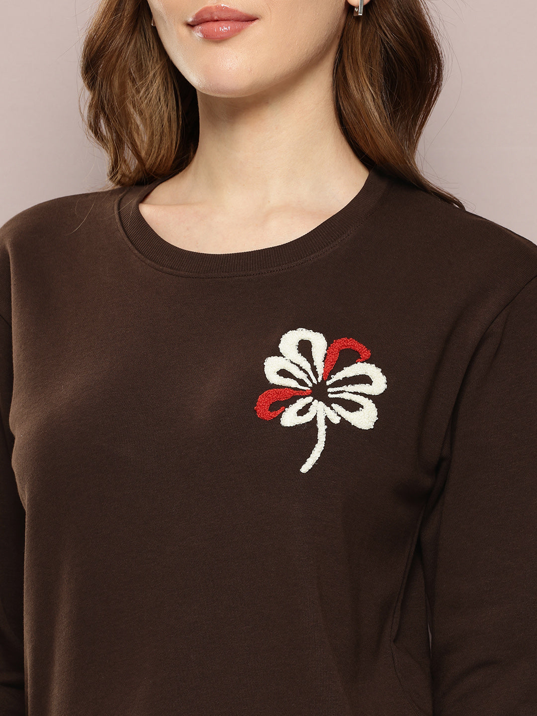 Womens Full Sleeve Round Neck Embroidered Relaxed Fit Tshirts