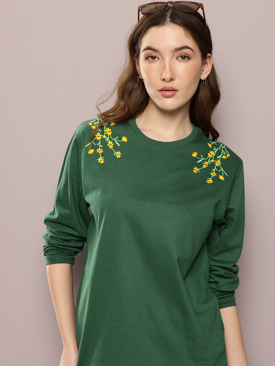 Womens Full Sleeve Round Neck Embroidered Oversized Fit Tshirts