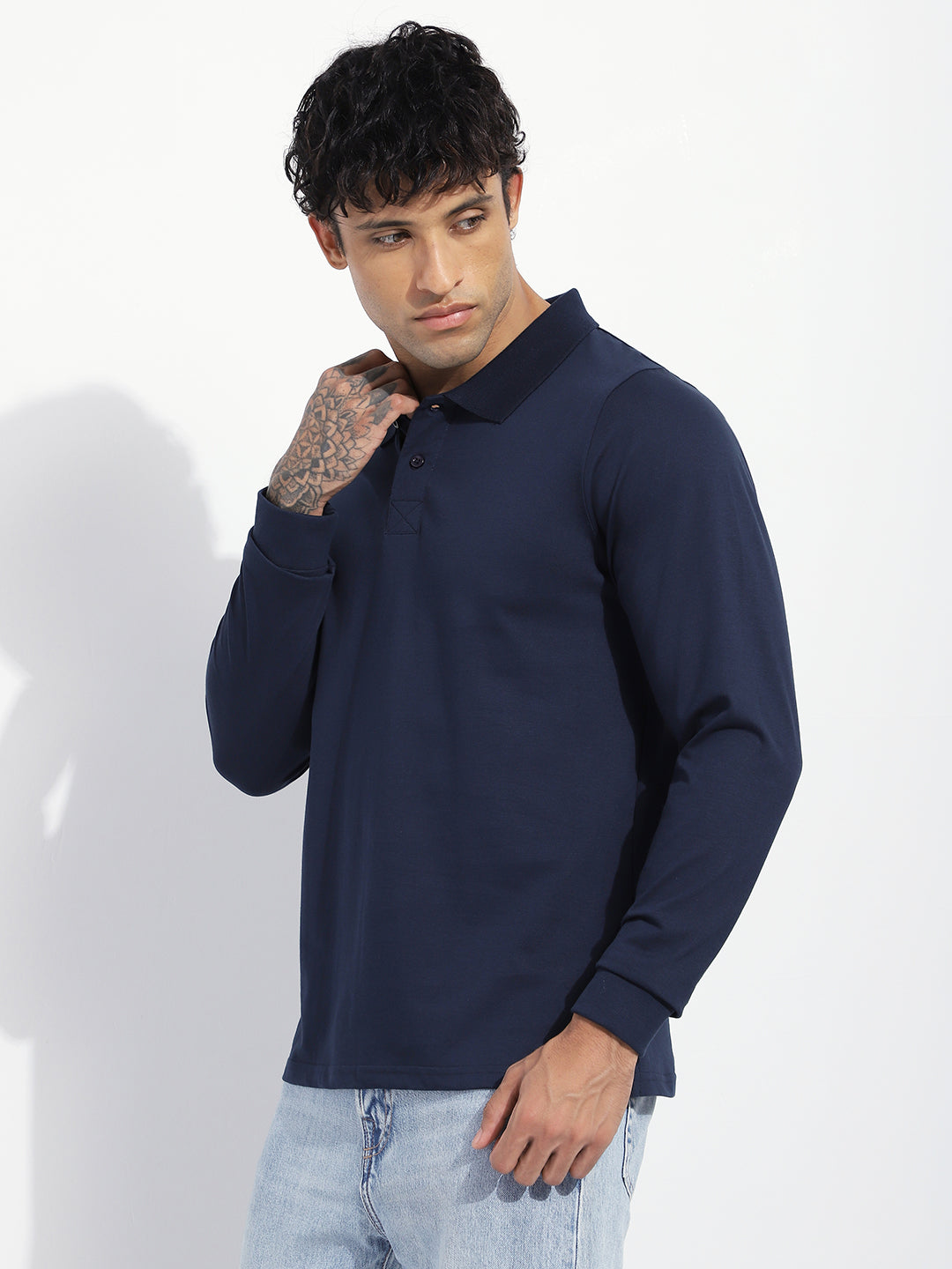 Mens Full Sleeve Polo Neck Solid Regular Fit Tshirts