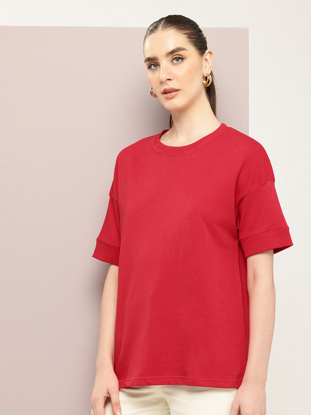 Womens Half Sleeve Round Neck Solid Oversized Fit Tshirts
