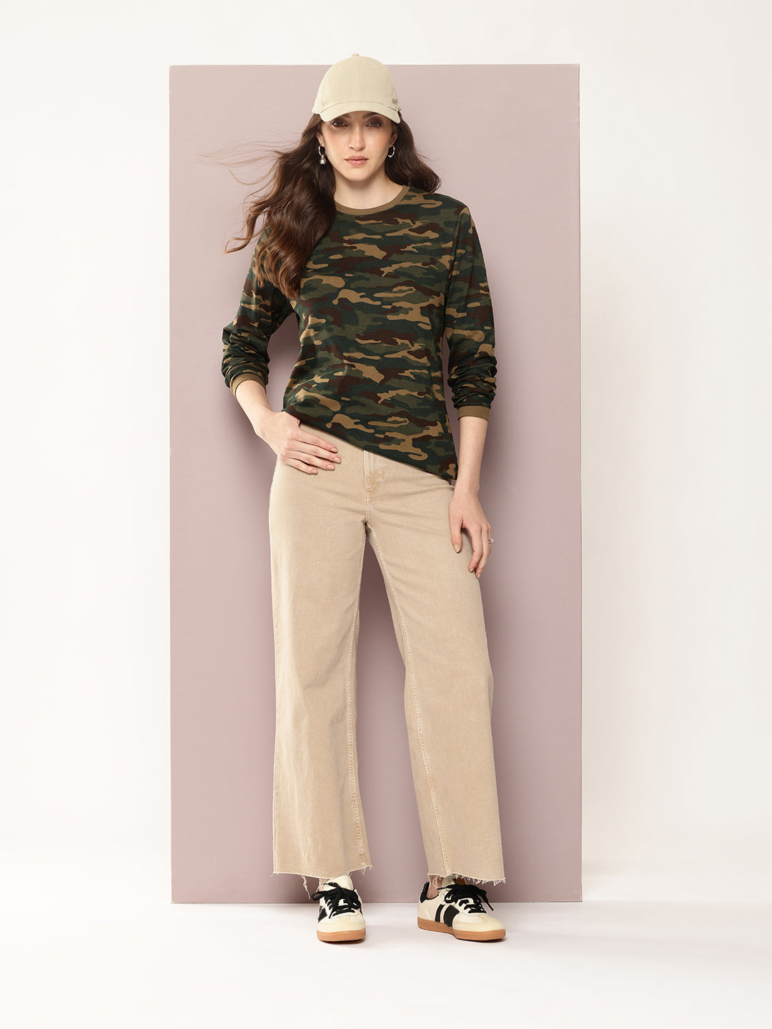 Womens Full Sleeve Round Neck All-Over Printed Oversized Fit Tshirts