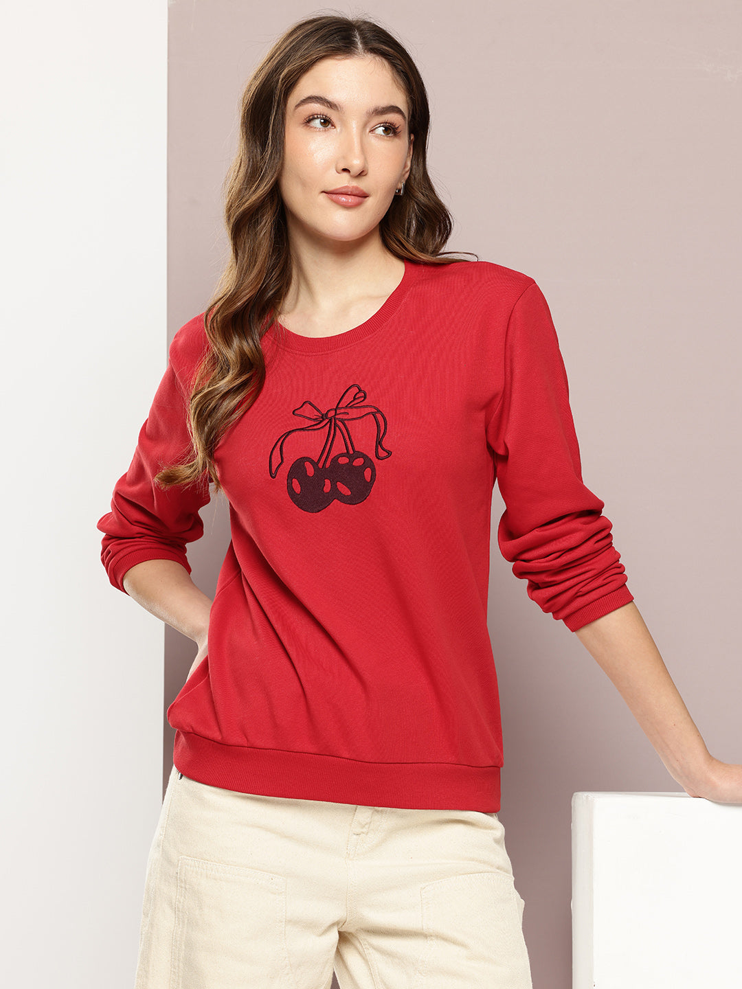 Womens Full Sleeve Round Neck Embroidered Relaxed Fit Tshirts